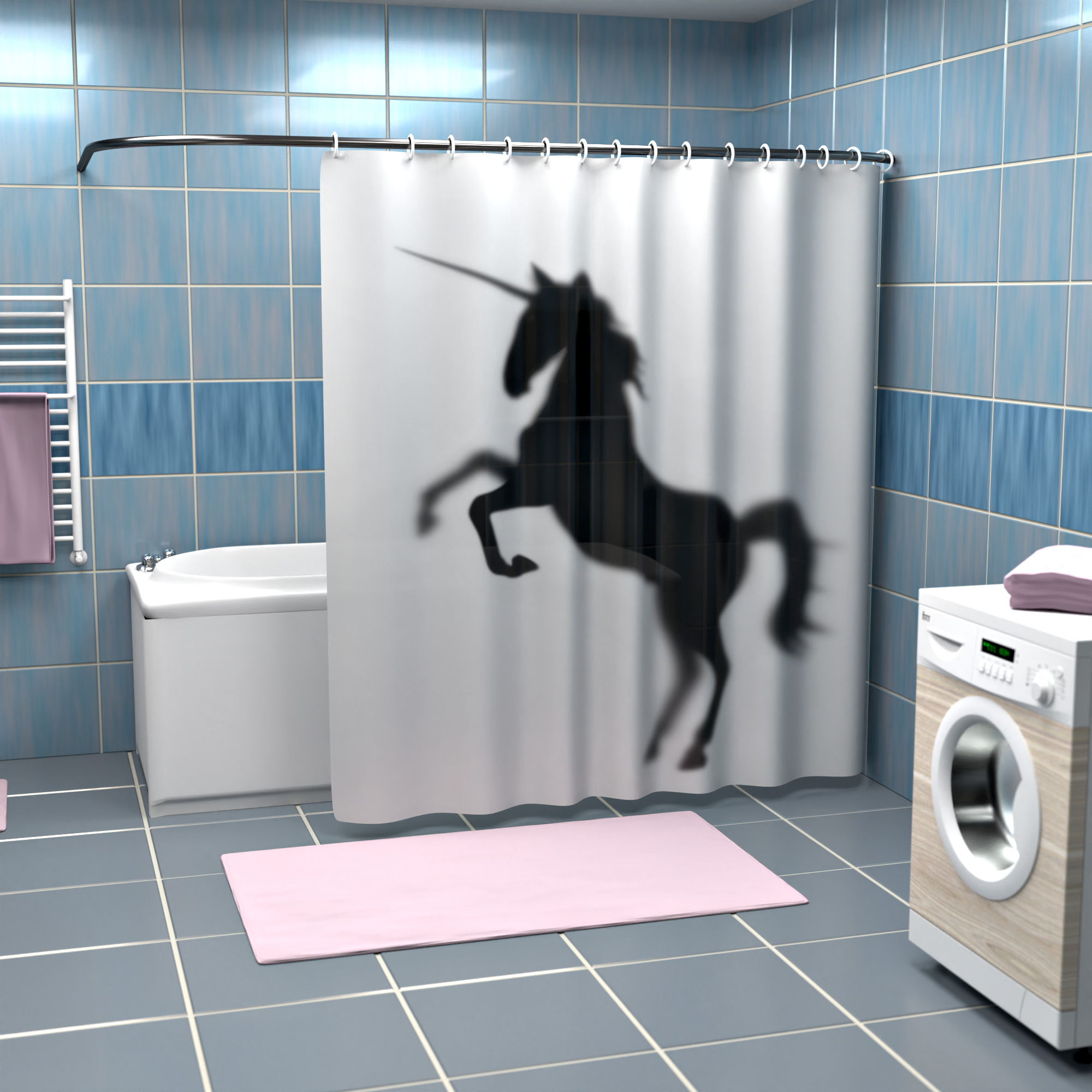 Einhorn Silhouette Duschvorhang – 180 x 200 cm Badewannen-Vorhang aus Polyester, 12 Haken zum Aufhängen, Anti-Schimmel und Wasserabweisend