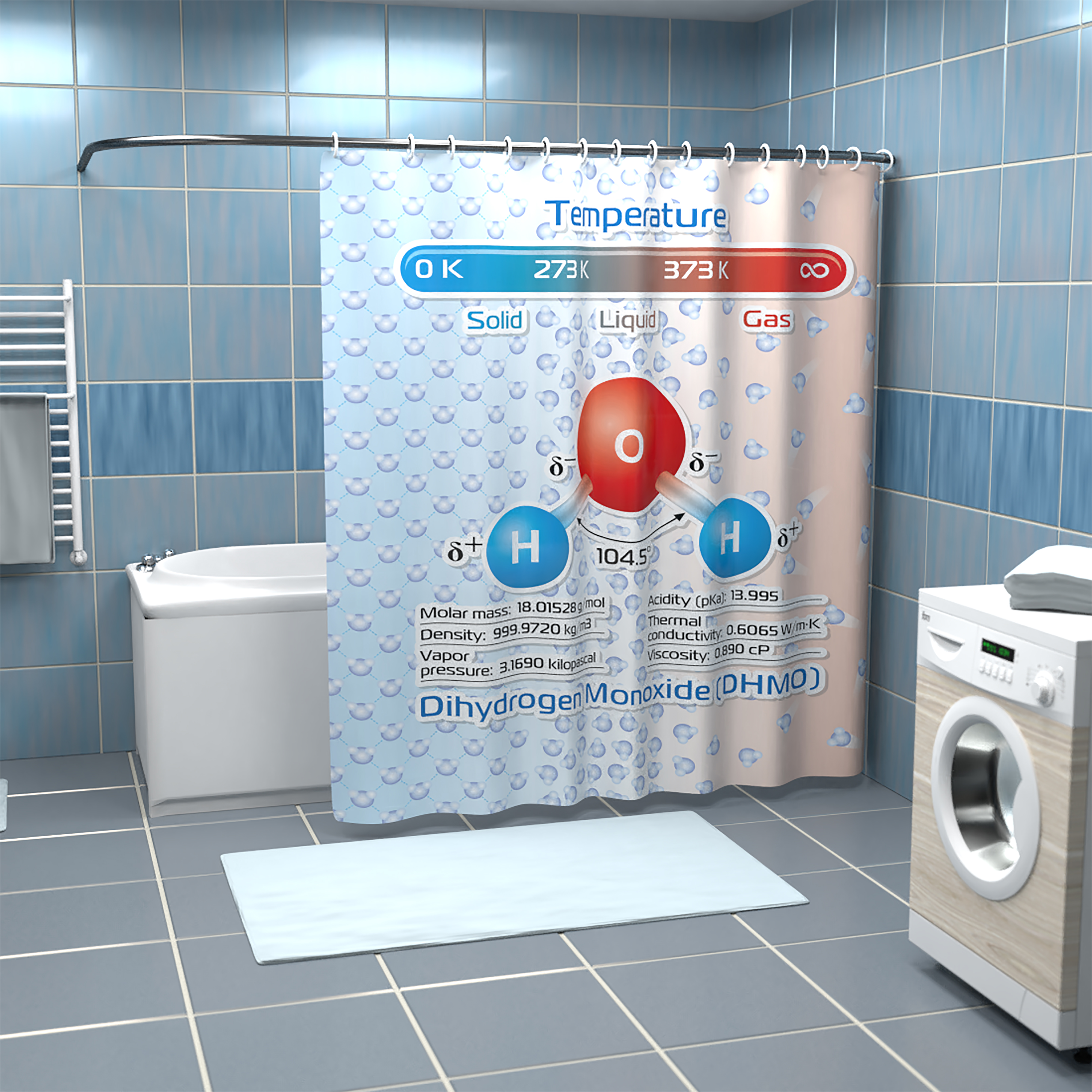 Dihydrogenmonoxid (H2O) Duschvorhang – 180 x 200 cm Badewannen-Vorhang aus Polyester, 12 Haken zum Aufhängen, Anti-Schimmel und Wasserabweisend