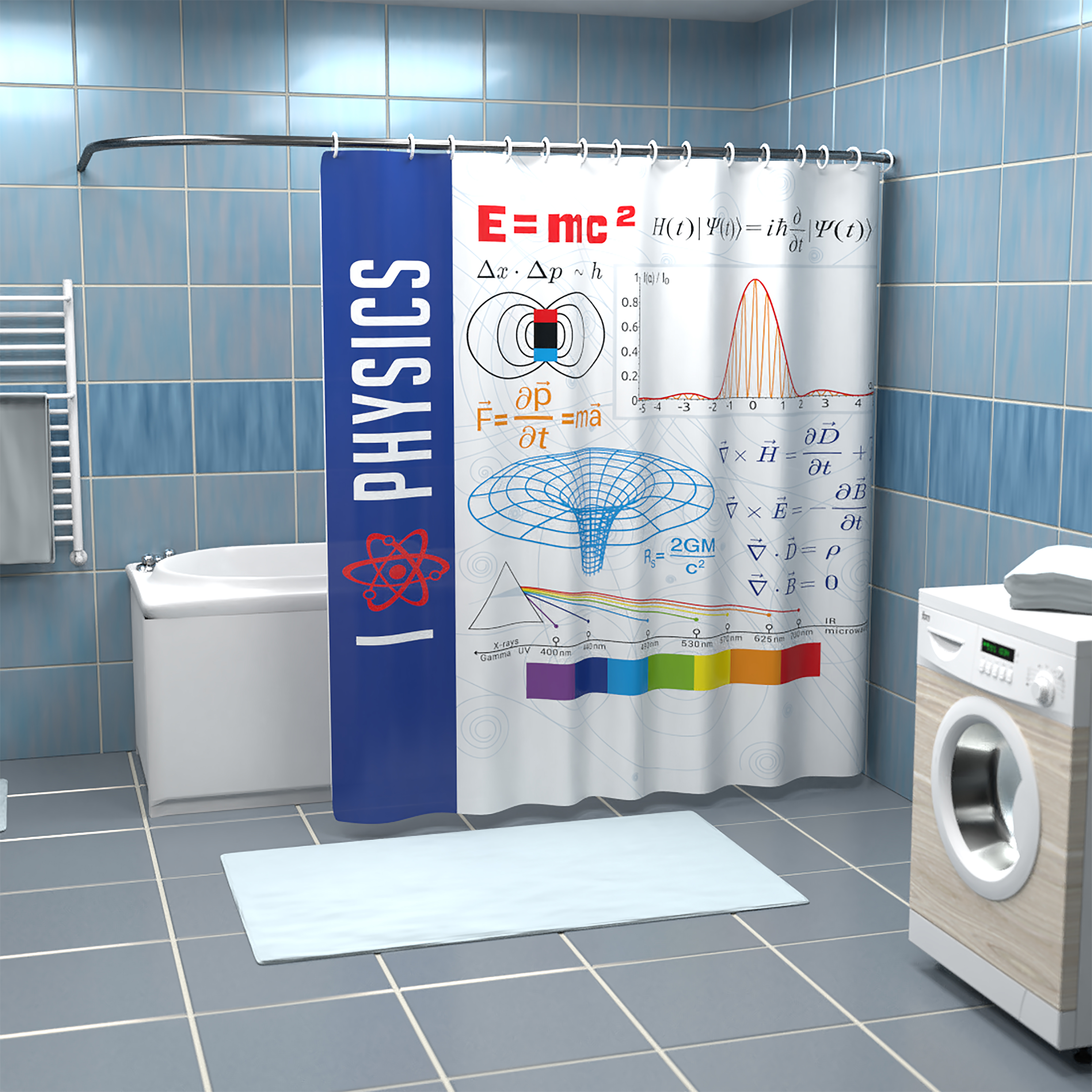 Physik Wissenschaft Duschvorhang – 180 x 200 cm Badewannen-Vorhang aus Polyester, 12 Haken zum Aufhängen, Anti-Schimmel und Wasserabweisend