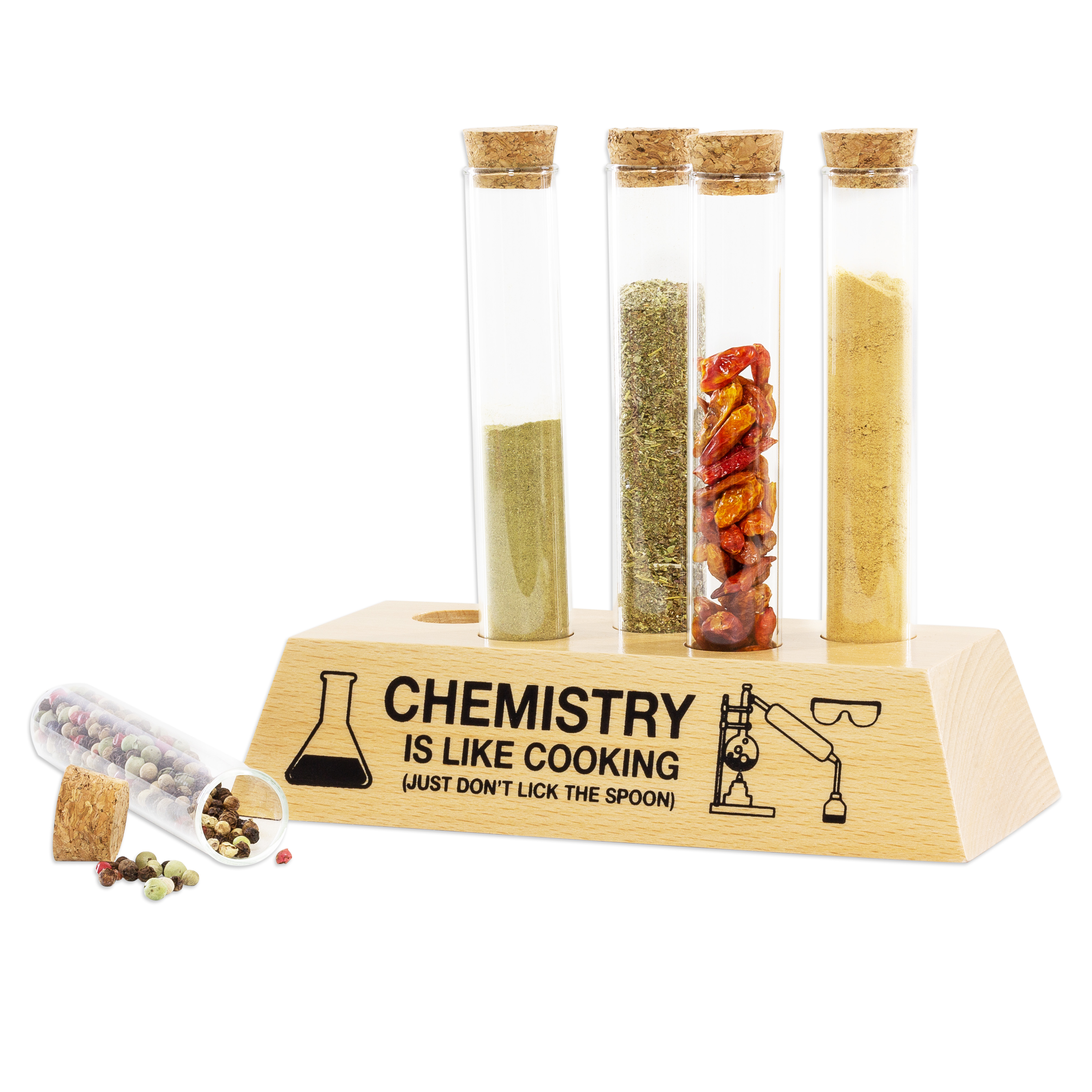 getDigital Reagenzglas Gewürzregal – Originelles Gewürz-Set mit 5 Glas-Röhrchen und Buchenholz Halter – Universal Kräuterregal im Labor-Design