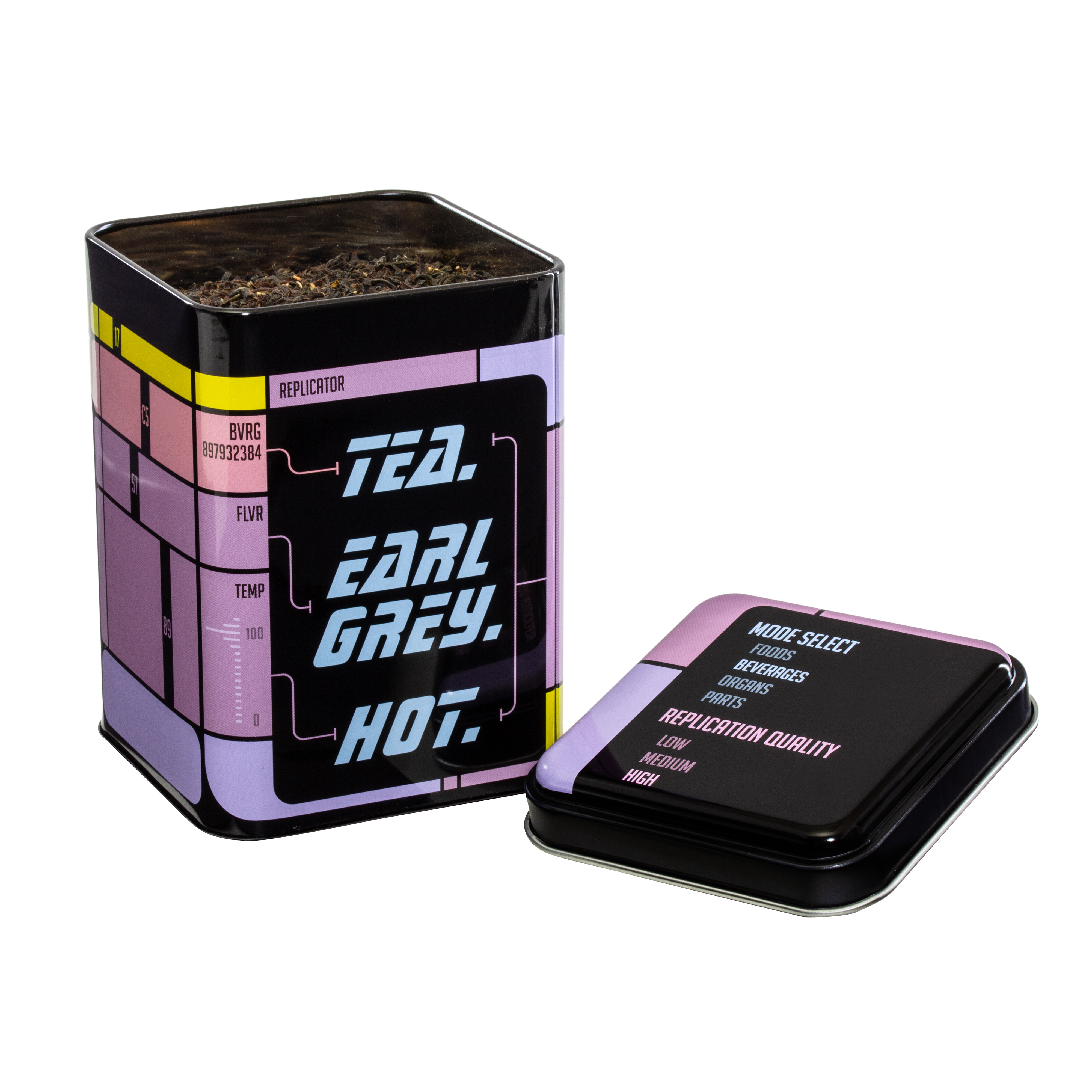 getdigital Teedose Tea. Earl Grey. Hot – Vorratsdose mit Deckel für losen Tee – Zeigt den Replikator aus einer klassischen SciFi-Serie, 500 ml