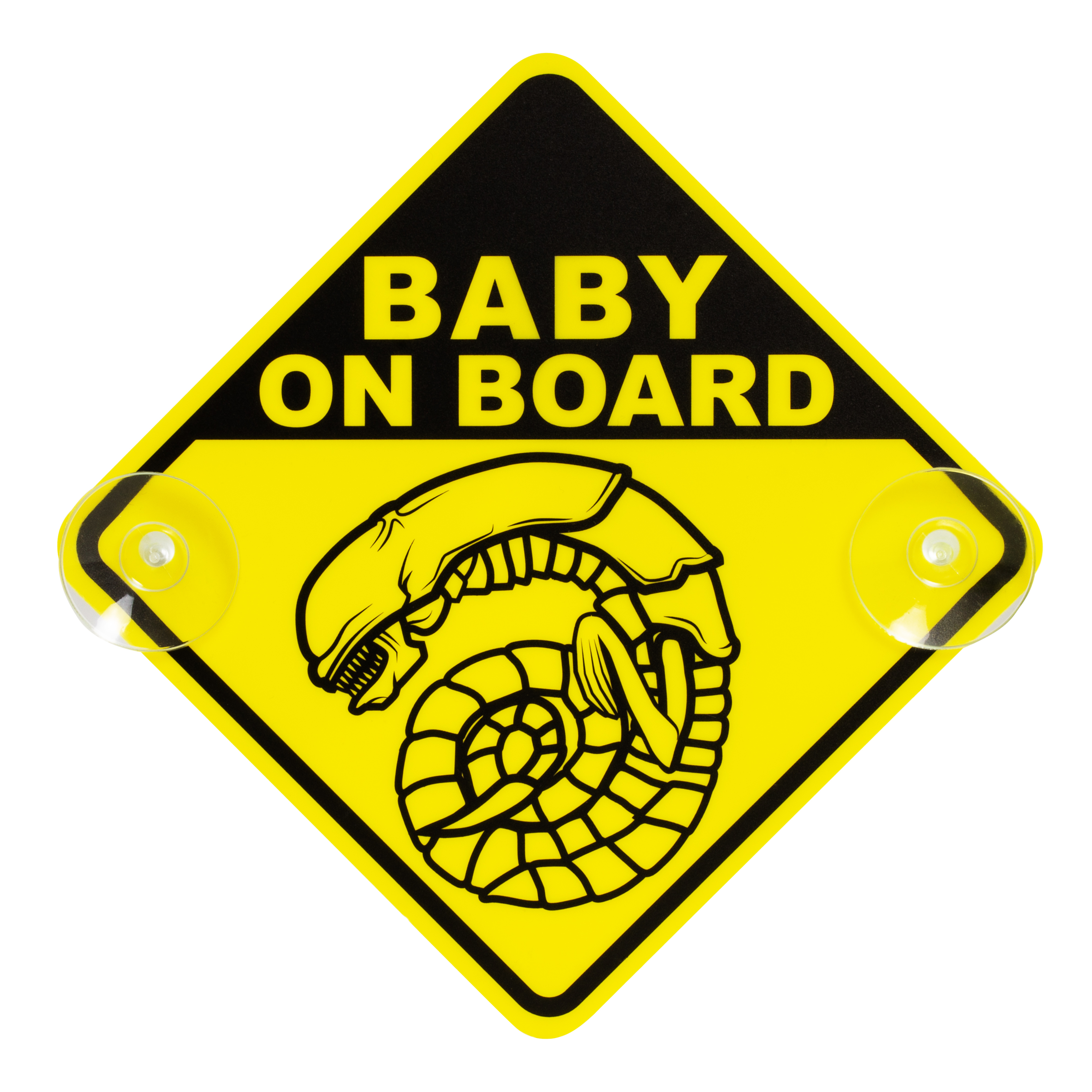 getDigital Chestburster Baby on Board Auto-Schild – Gelbes Kinder Warnschild mit 2 Saugnäpfen als lustiger Fanartikel zur berühmten Alien Film-Reihe – 16 x 16 cm