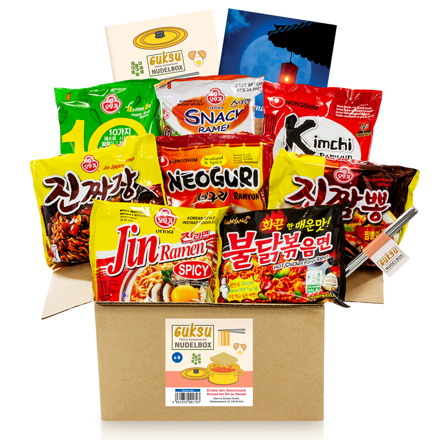 Guksu-Box mit 8 koreanischen Ramen – Ausgewählter Mix aus vielseitigen Geschmacksrichtungen – Korea Buldak Instant-Nudeln Geschenkbox