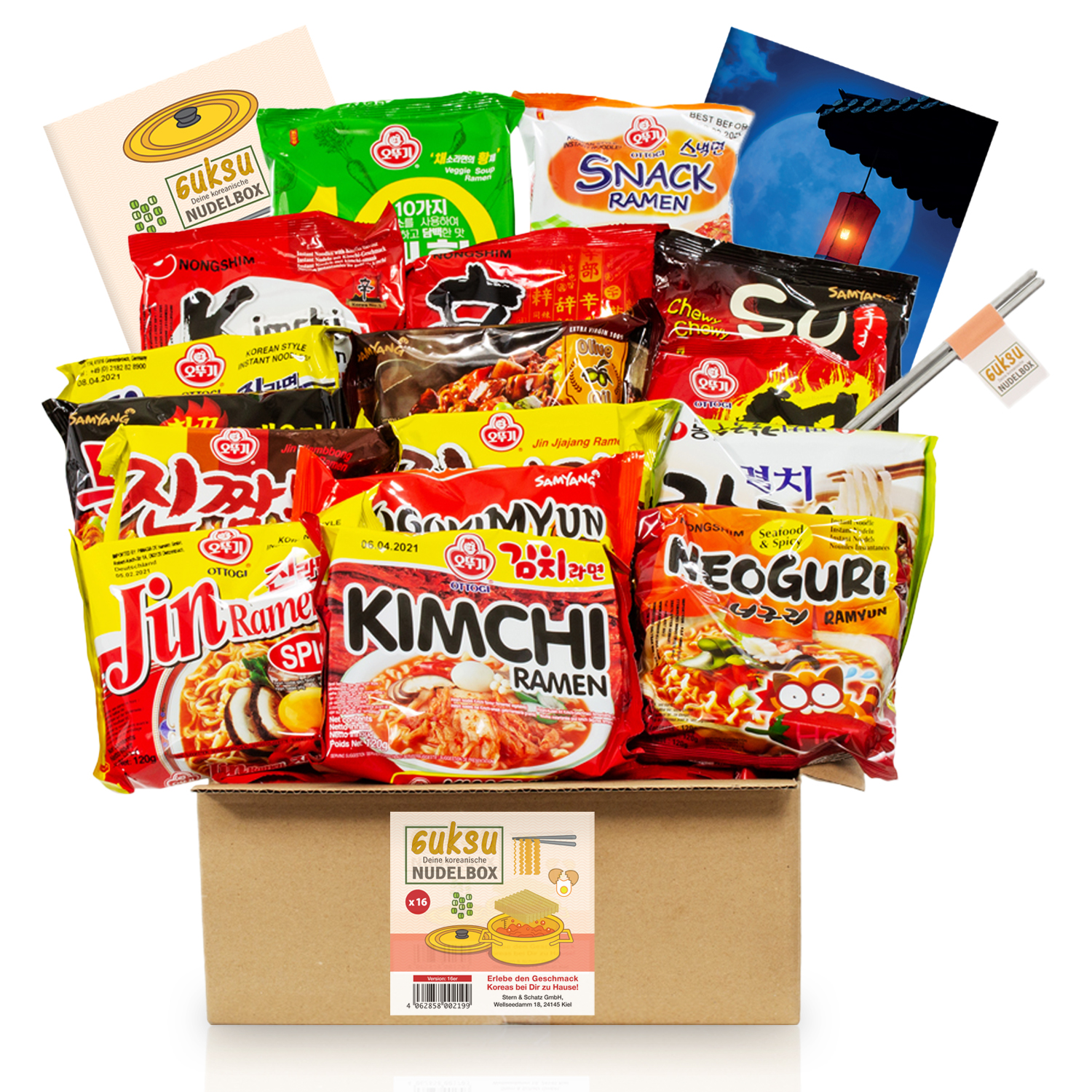 Guksu-Box mit koreanischen Ramen – 16 verschiedene Sorten, ausgewählter Mix aus vielseitigen Geschmacksrichtungen – Korea Buldak Instant-Nudeln Geschenkbox