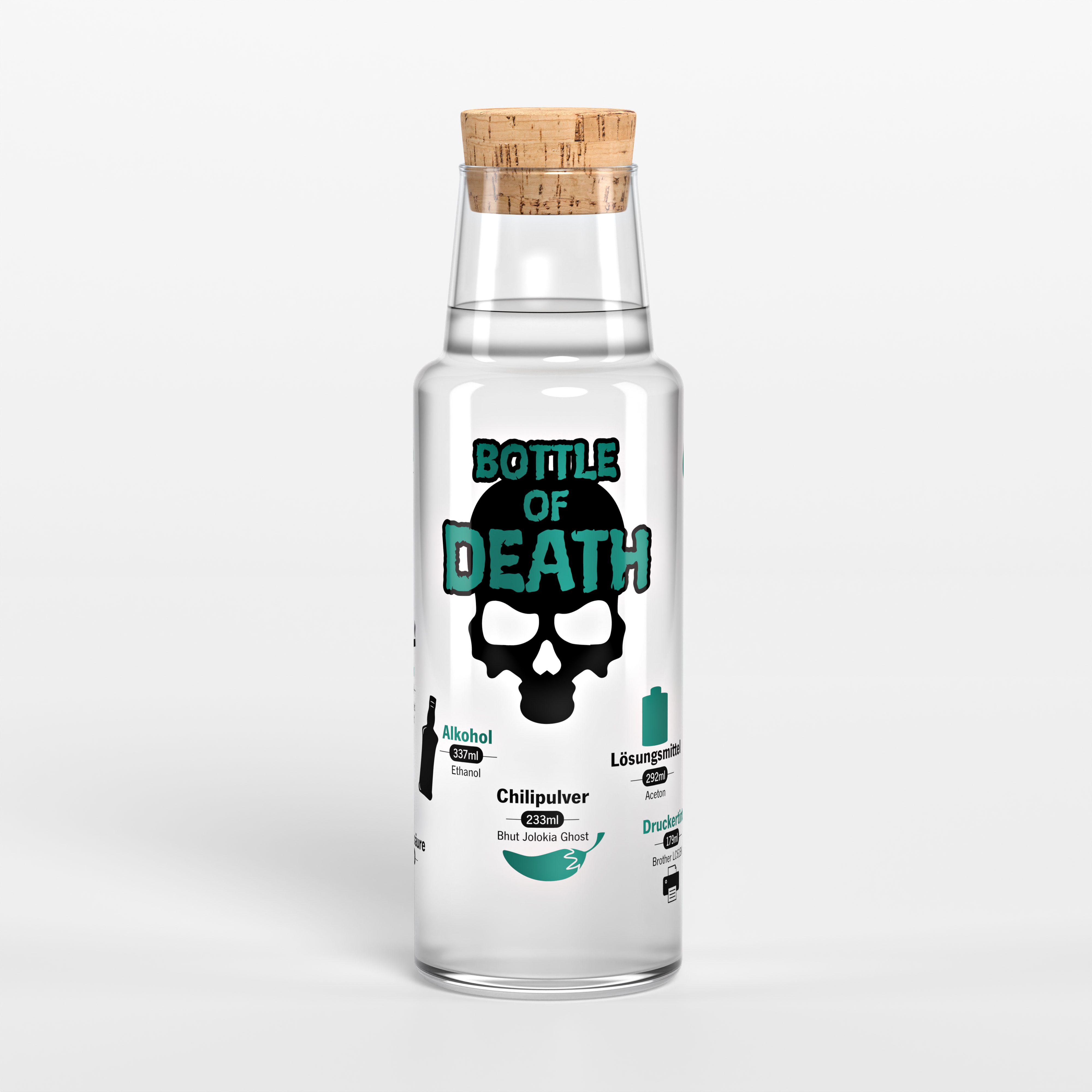 getDigital Bottle of Death Wasserkaraffe für Nerds & Geeks inkl. 12 Science Facts – Glasflasche mit Korken und Milliliter Skala – 1L