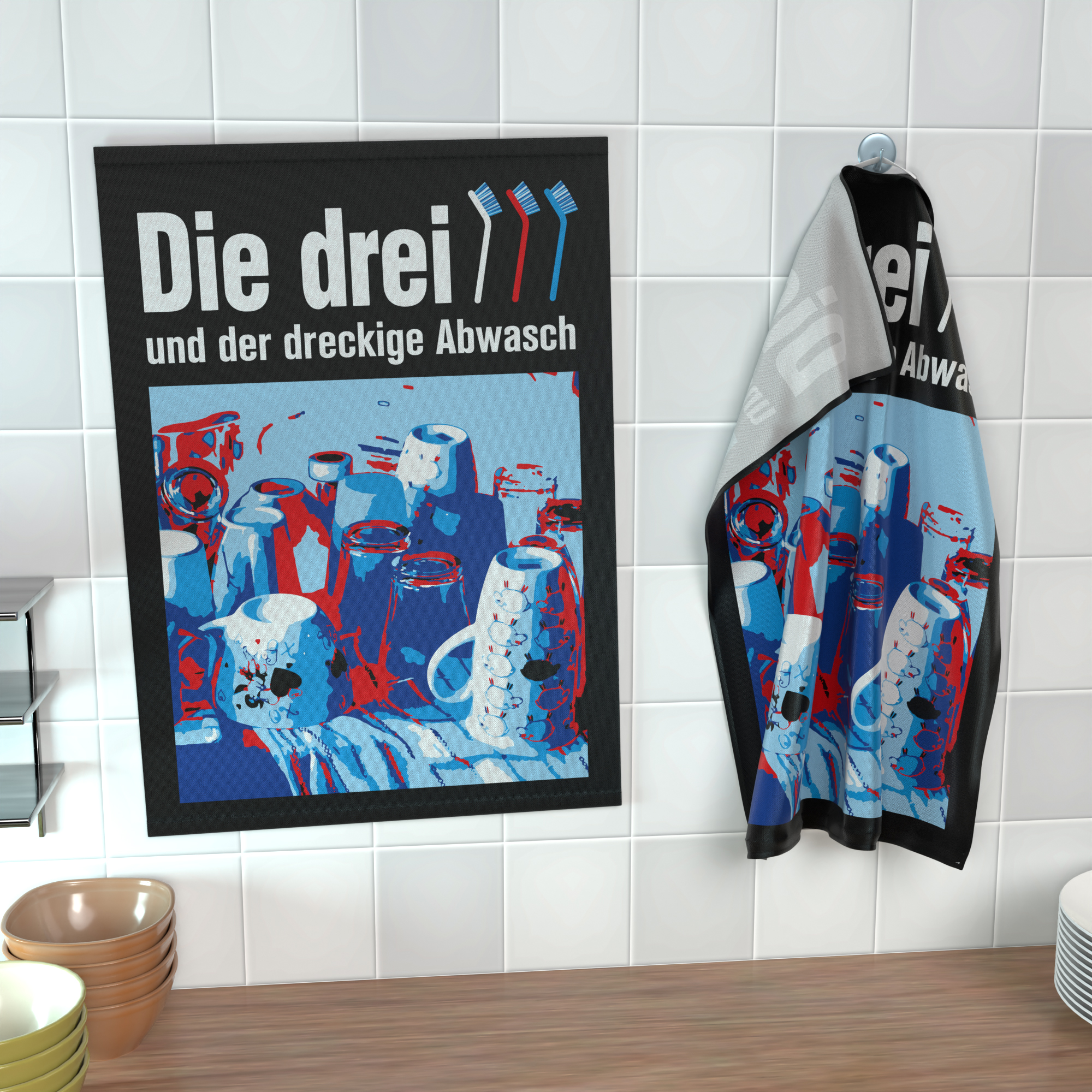 getDigital Geschirrtuch Die drei Spülbürsten – Saugstarkes Küchentuch für Detektive und Abenteuer – Geschirrhandtuch aus 100% Baumwolle, 50 x 70 cm