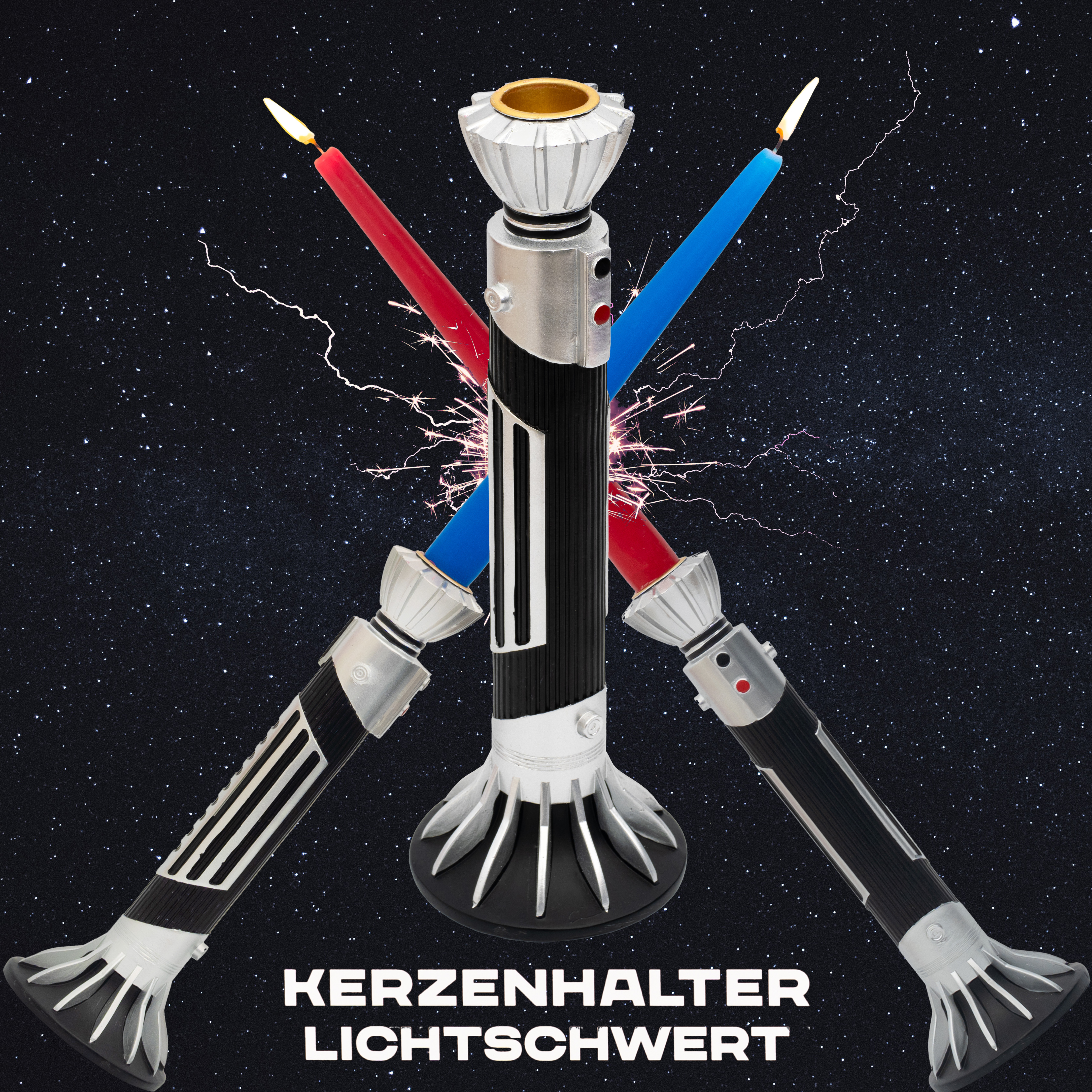 getDigital Kerzenständer Lichtschwert – Dekorativer Laserschwert Kerzenhalter für Stabkerzen, Nerdige SciFi Deko fürs Wohnzimmer Schlafzimmer – Schwarz Silber 24,5cm