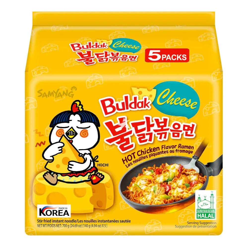 Guksu Buldak Set Cheese – 5x Buldak Cheese Ramen mit Hühnchen-Geschmack und Käse, Scharfe Instant-Nudeln aus Korea, Geschenkset inkl. 2 Broschüren (5 x 140g)