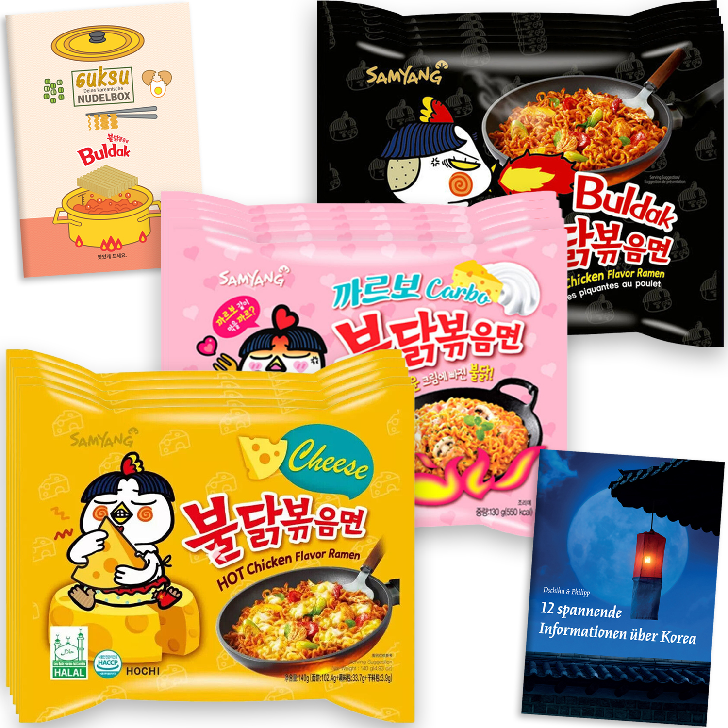 Guksu Buldak Set Trio – 15x Buldak Ramen mit Hühnchen-Geschmack – Original Flavor, Cheese & Carbonara – Scharfe Instant-Nudeln aus Korea, Geschenkset inkl. 2 Broschüren