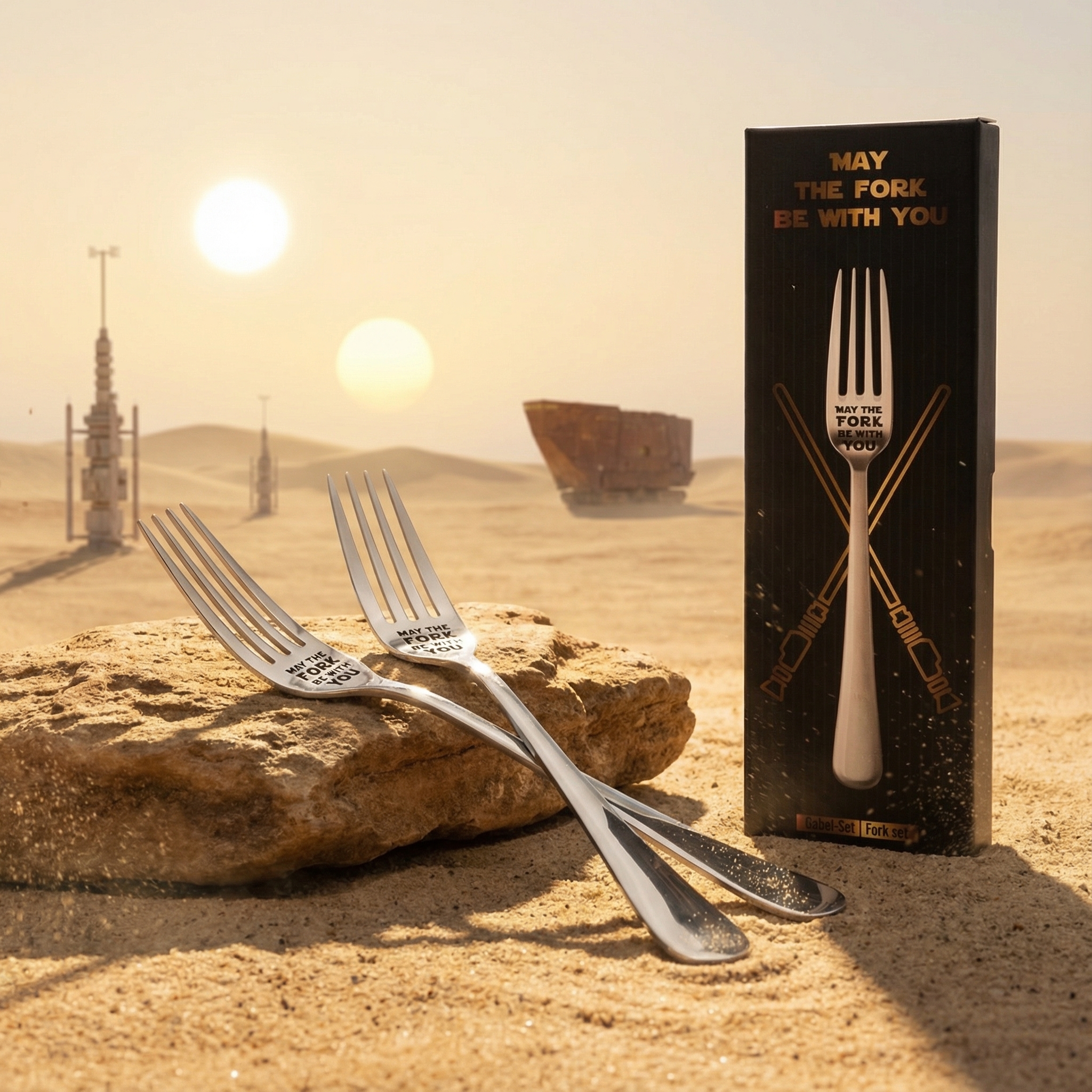 getDigital Gabel Set May The Fork Be With You – 2 Tafelgabeln aus rostfreiem Edelstahl mit SciFi Spruch für Geeks & Nerds, Spülmaschinengeeignet (20,5cm)