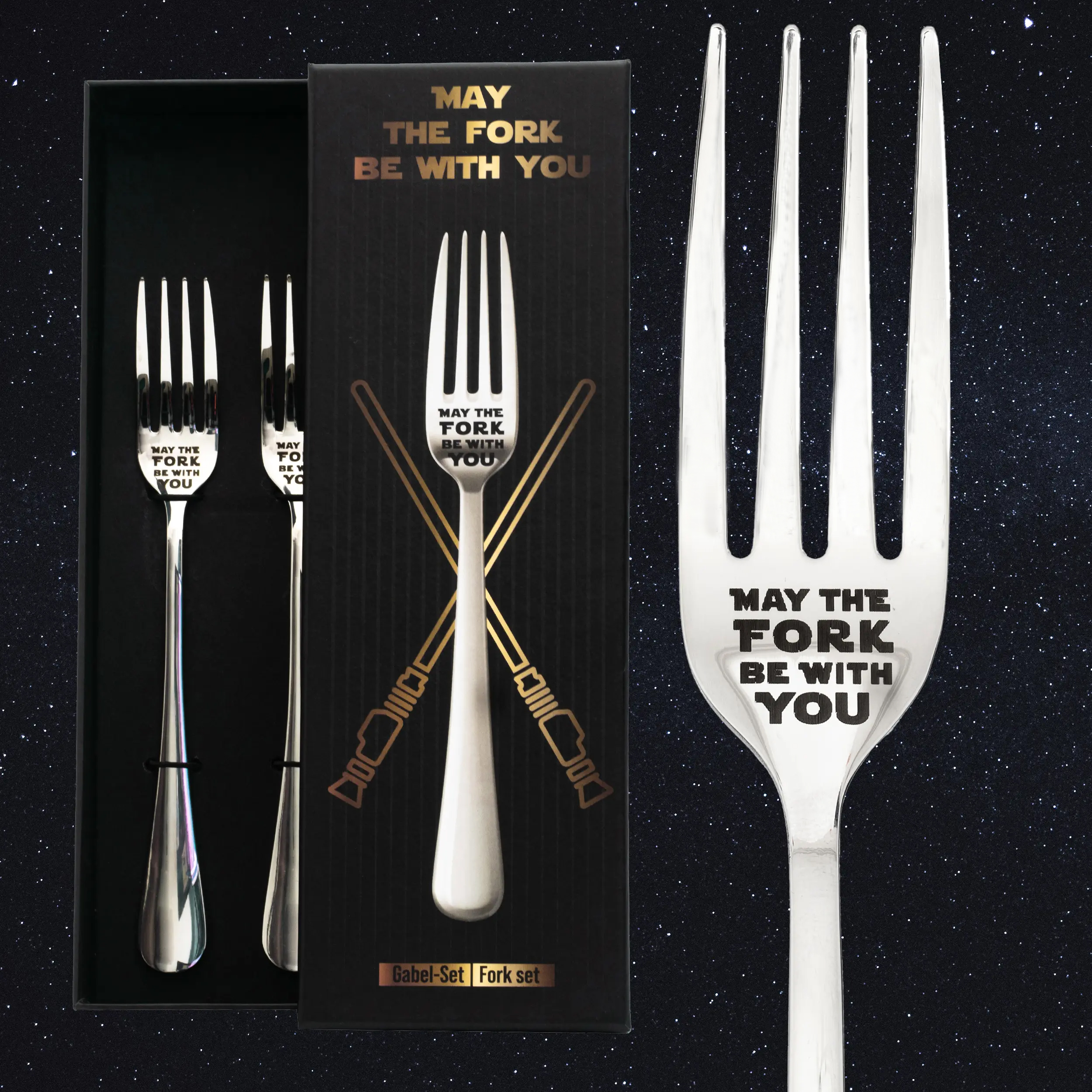 getDigital Gabel Set May The Fork Be With You – 2 Tafelgabeln aus rostfreiem Edelstahl mit SciFi Spruch für Geeks & Nerds, Spülmaschinengeeignet (20,5cm)
