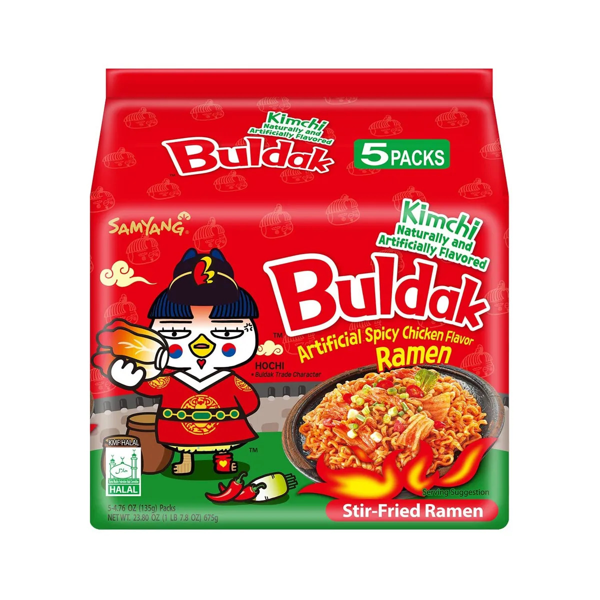 Guksu Buldak Set Kimchi – 5x Buldak Kimchi Ramen mit Hühnchen-Geschmack, Scharfe Instant-Nudeln aus Korea, Geschenkset inkl. 2 Broschüren (5 x 135g)