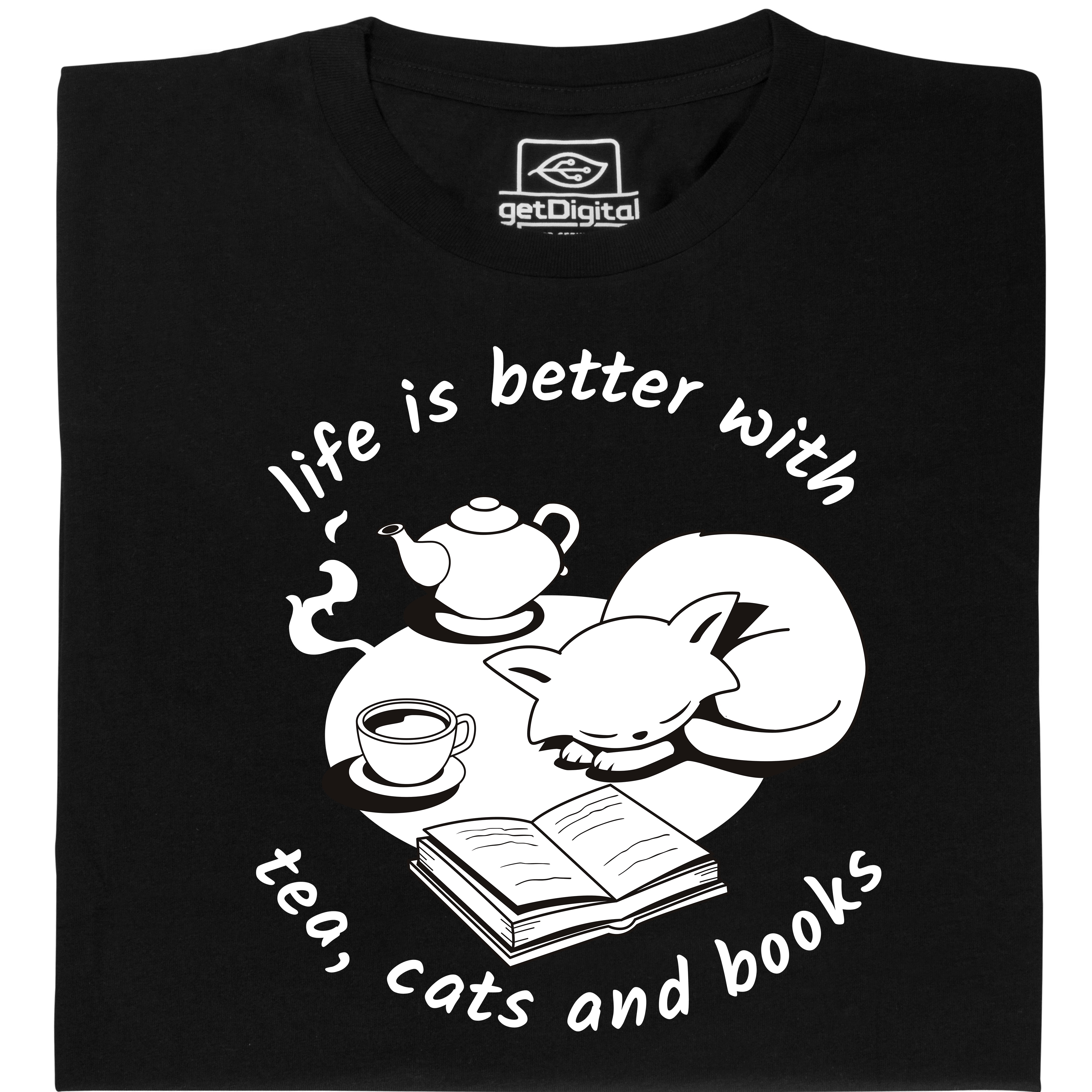 Fair gehandeltes Öko-T-Shirt: Tea, cats and books