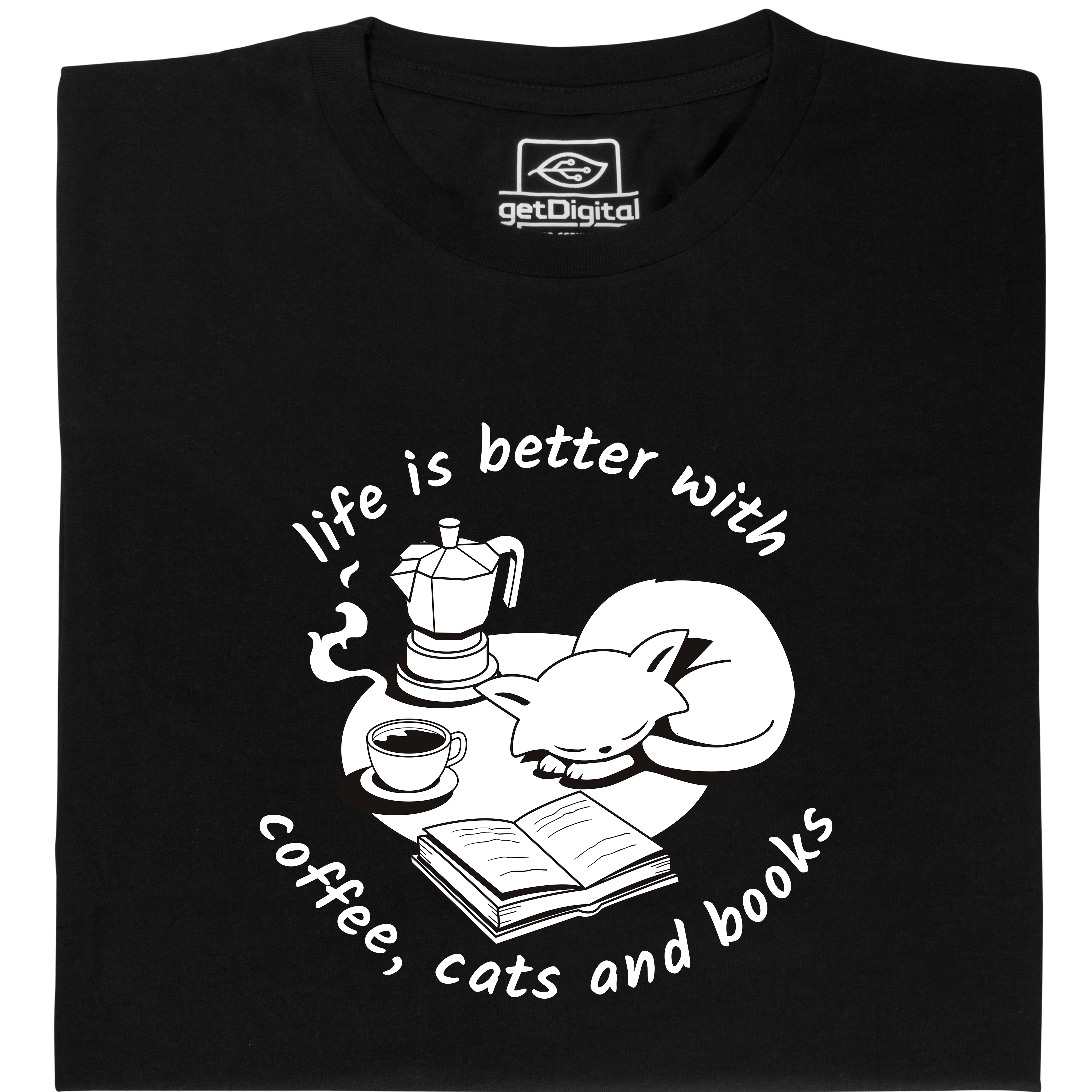 Fair gehandeltes Öko-T-Shirt: Coffee, cats and books