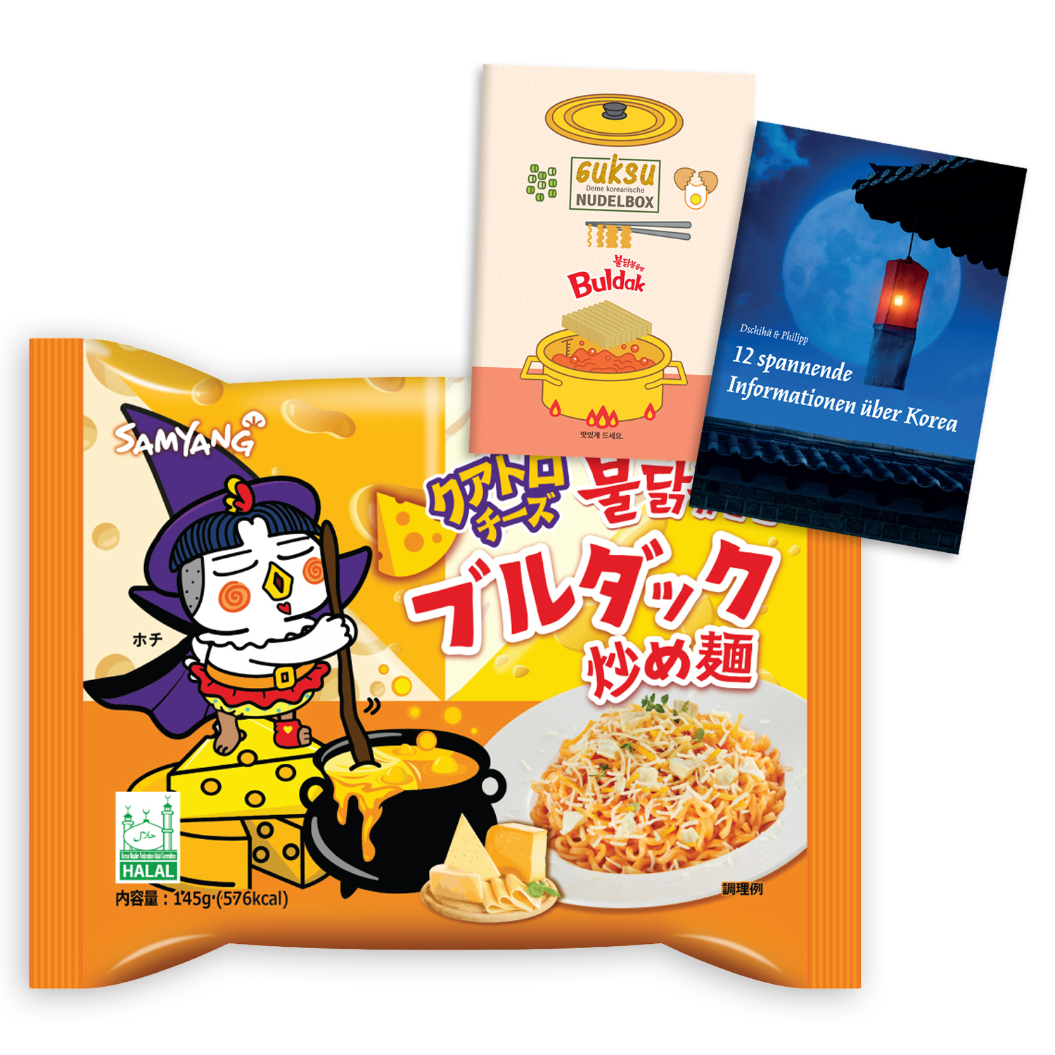 Guksu Buldak Set Quattro Cheese (Limitiert) – 1x Buldak Ramen mit Hühnchen-Geschmack und Käse, Scharfe Instant-Nudeln aus Korea, Geschenkset inkl. 2 Broschüren (1 x 145g)