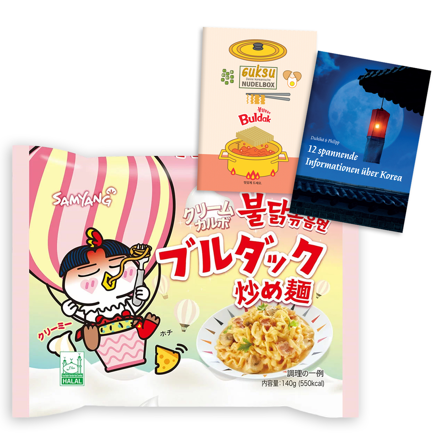 Guksu Buldak Set Cream Carbonara (Limitiert) – 1x Buldak Ramen mit Hühnchen-Geschmack, Scharfe Instant-Nudeln aus Korea, Geschenkset inkl. 2 Broschüren (1 x 140g)