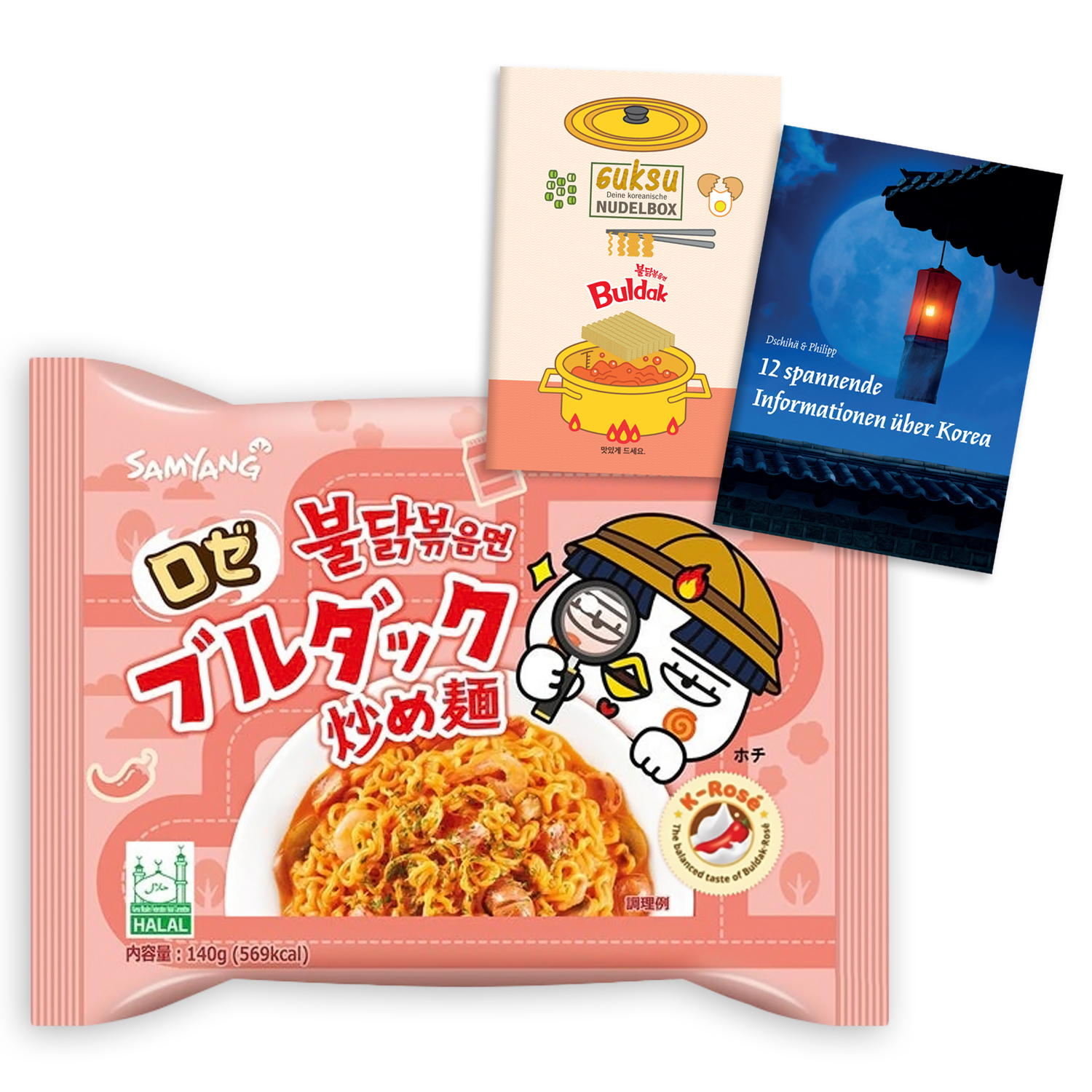 Guksu Buldak Set Rosé (Limitiert) – 1x Buldak Ramen mit Hühnchen-Geschmack und Tomatensauce, Scharfe Instant-Nudeln aus Korea, Geschenkset inkl. 2 Broschüren (1 x 140g)