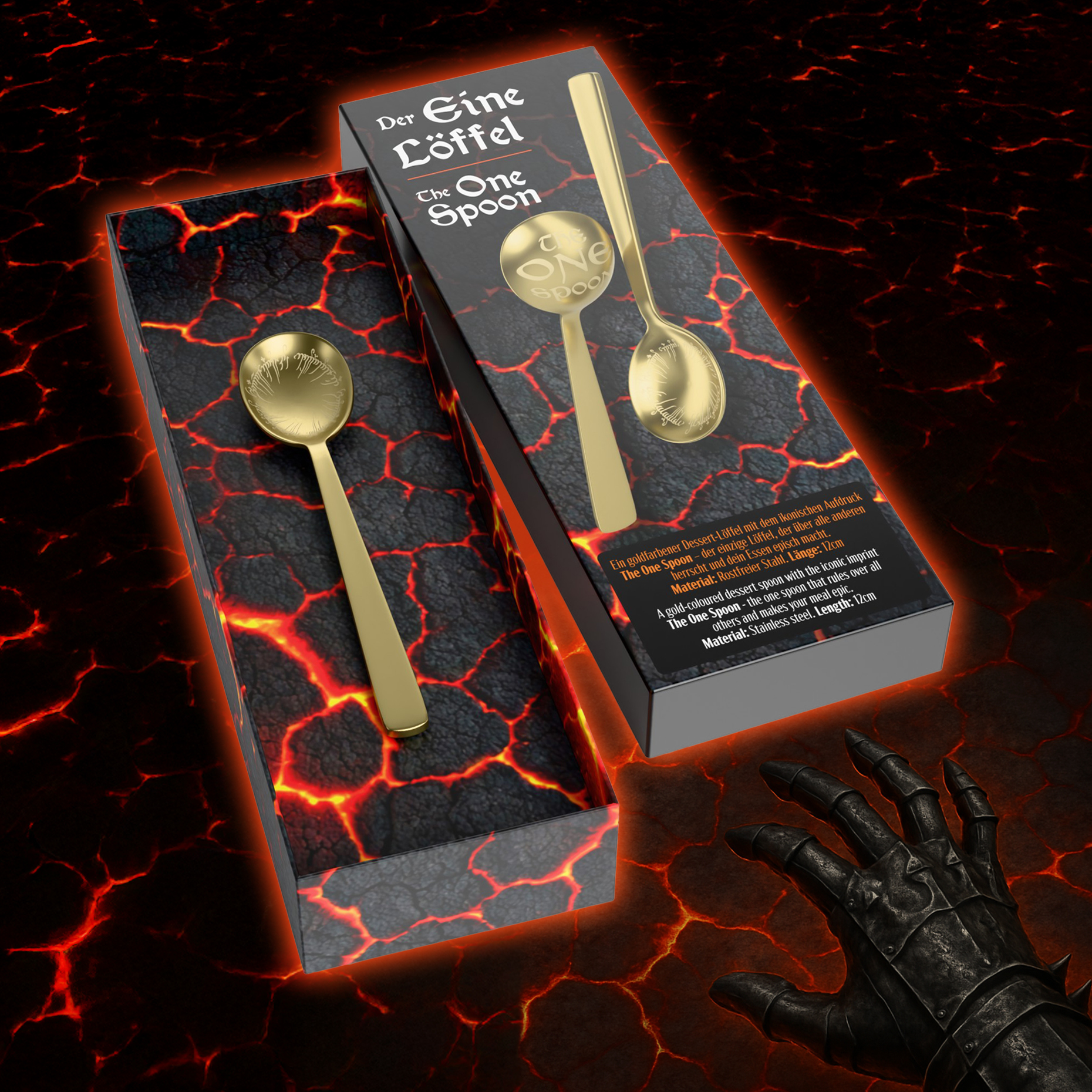 Der EINE Löffel – The One Spoon – Dessertlöffel mit beidseitiger Gravur für Fantasy Fans & Nerds – Rostfreier Stahl, Goldfarben