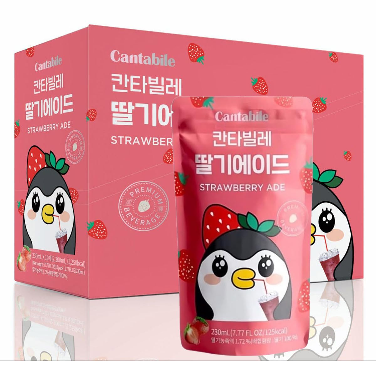 Cantabile Ade Drink Pouch Erdbeere – Koreanisches Strawberry Limonade Getränk, Fruchtgetränk im Beutel, Erfrischungsgetränk ais Korea (10 x 230 ml)