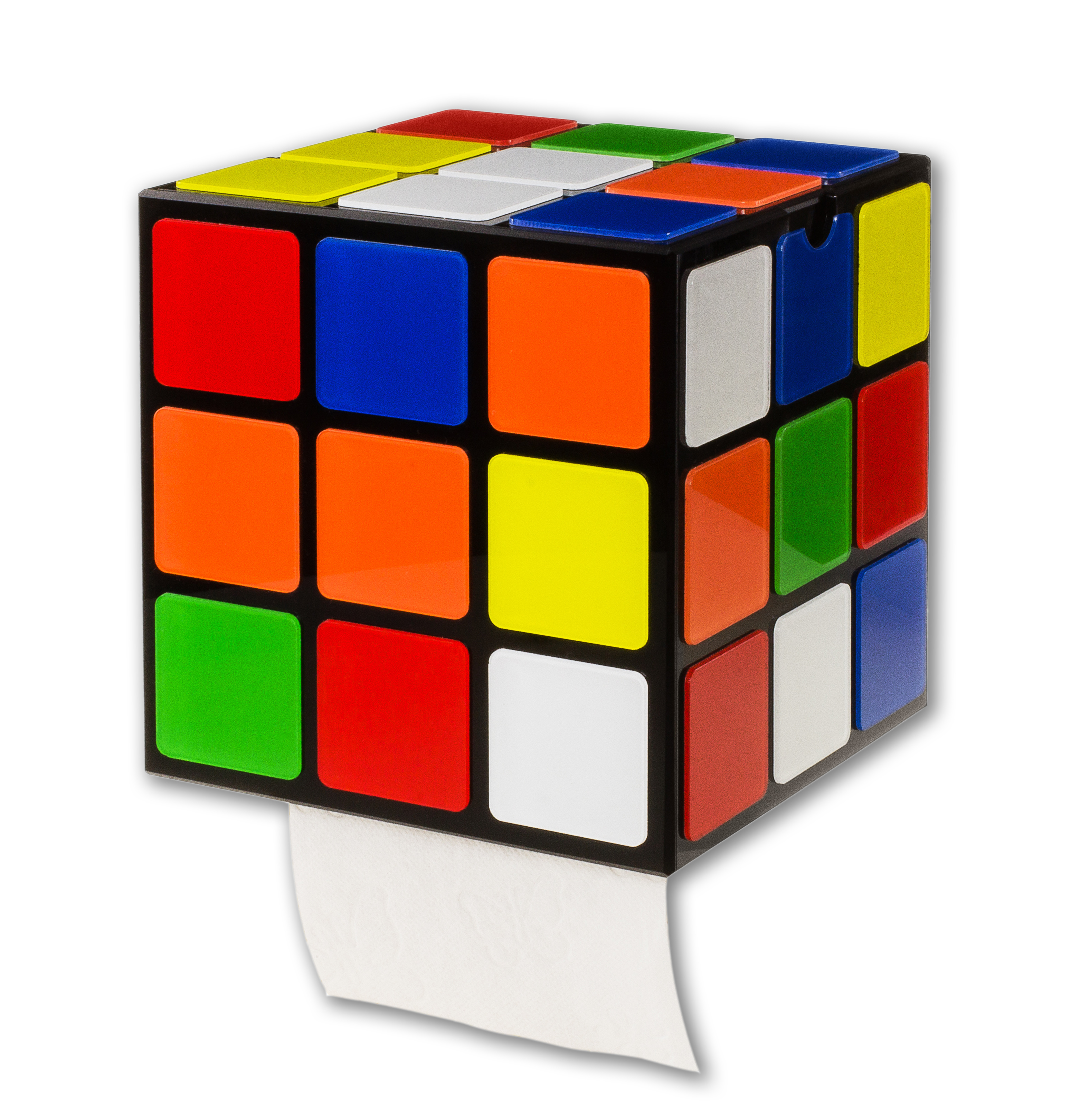 getDigital Zauberwürfel WC Rollenhalter – Ausgefallener Halter im Stil des 80s Magic Cube mit Deckel und Ablage – Befestigung ohne Bohren 14 x 14 x 14cm